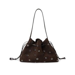 Brown Suede drawstring Eyelet Shoulder Bag